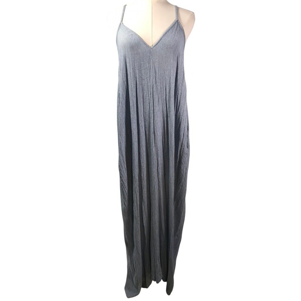 Elan Blue Striped V-Neck Maxi Dress Womens Medium Boho Spaghetti Strap Pockets